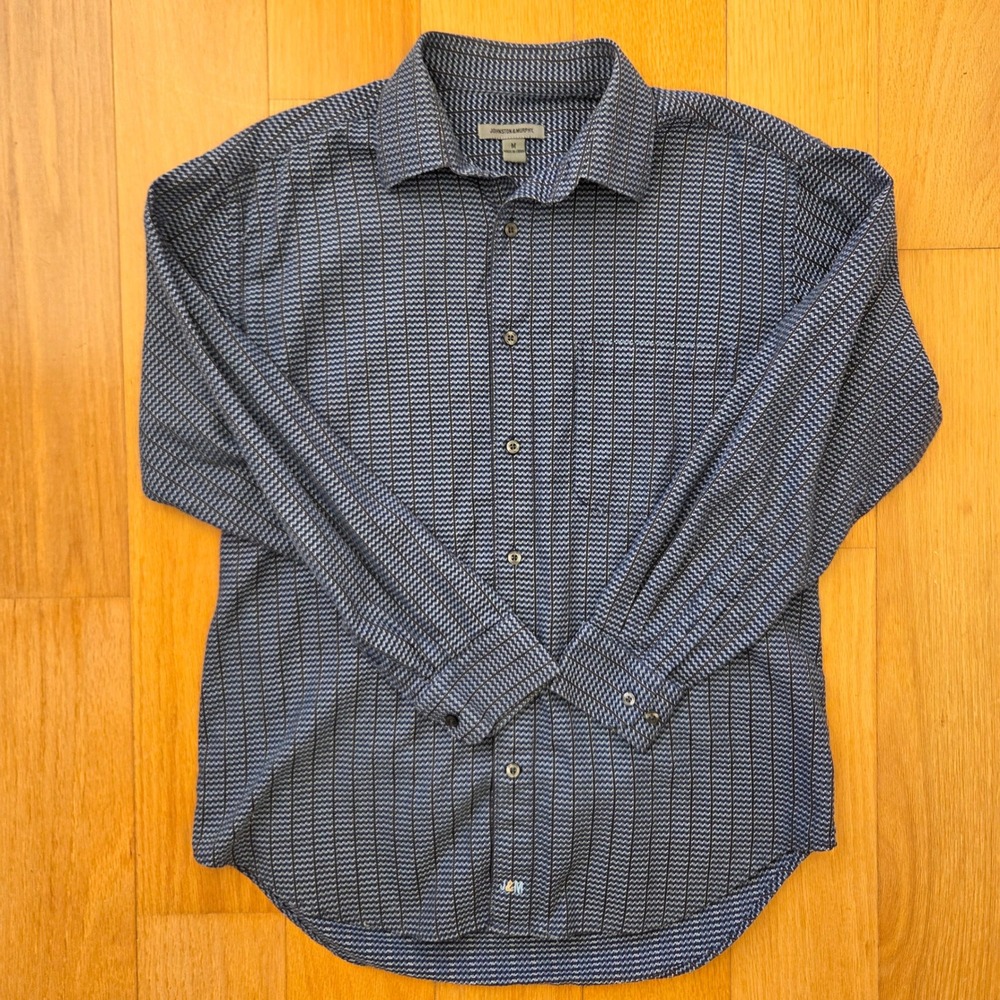 Johnston‎ & Murphy Mens Medium Blue Geometric Print Cotton Button Down Shirt